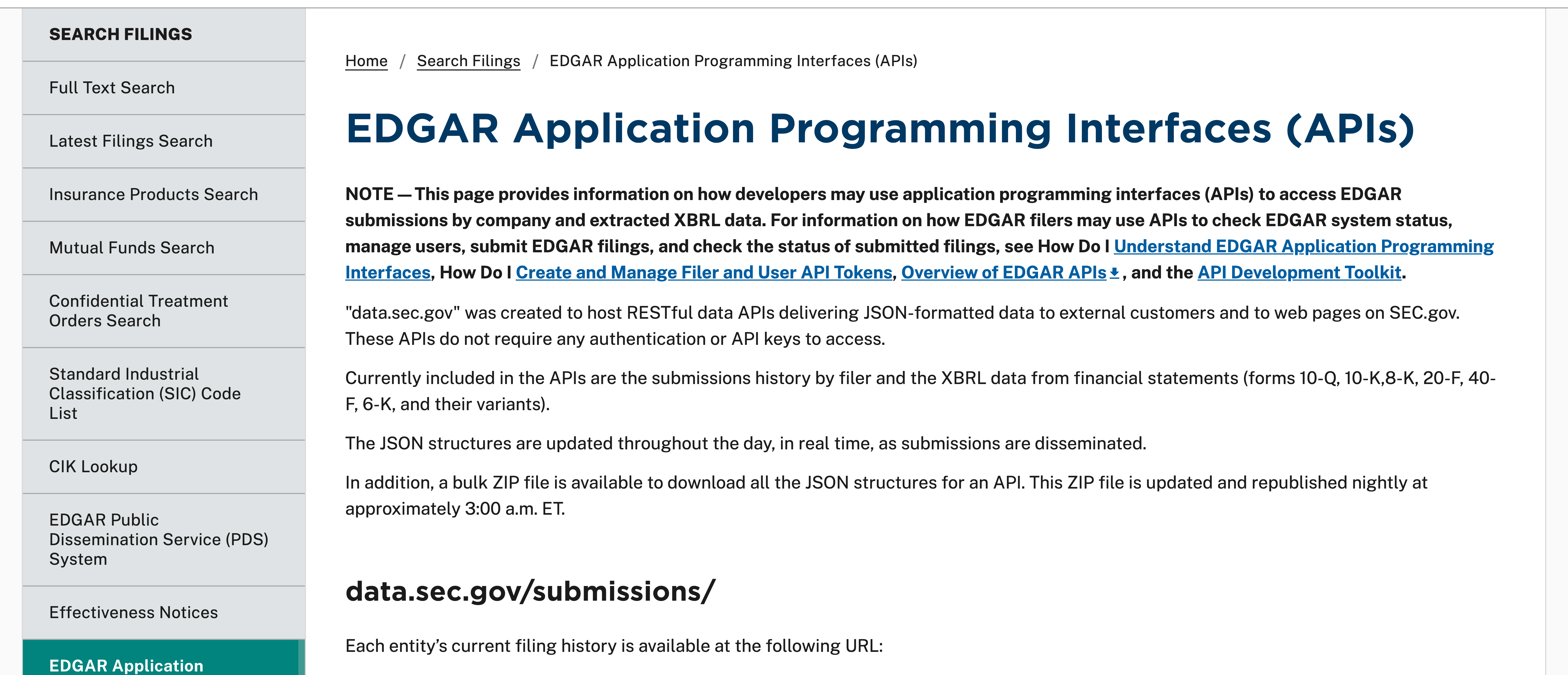 SEC EDGAR APIs page